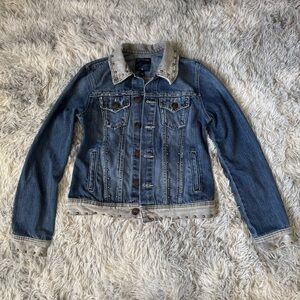 True Religion Studded Blue Grey Trucker Jean Jacket XS Sunburst Design